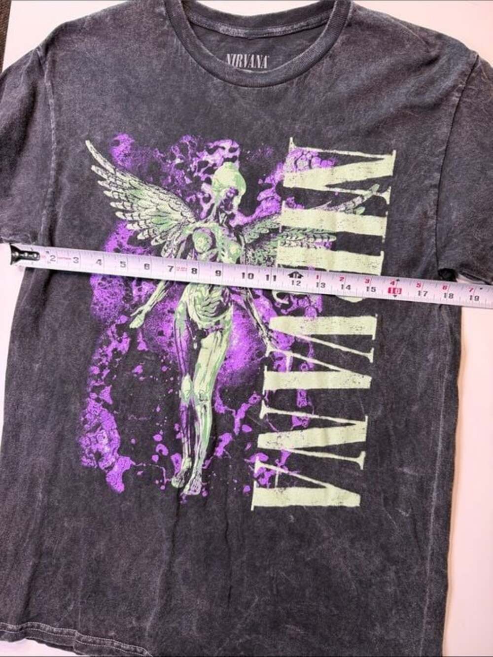 NIRVANA In Utero Acid Wash Black Tee with Purple & Lime Angel Graphic - Picture 6 of 7